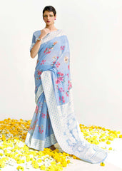 Sky Blue Chikankari Silk Saree with Floral Digital Print - Colorful Saree