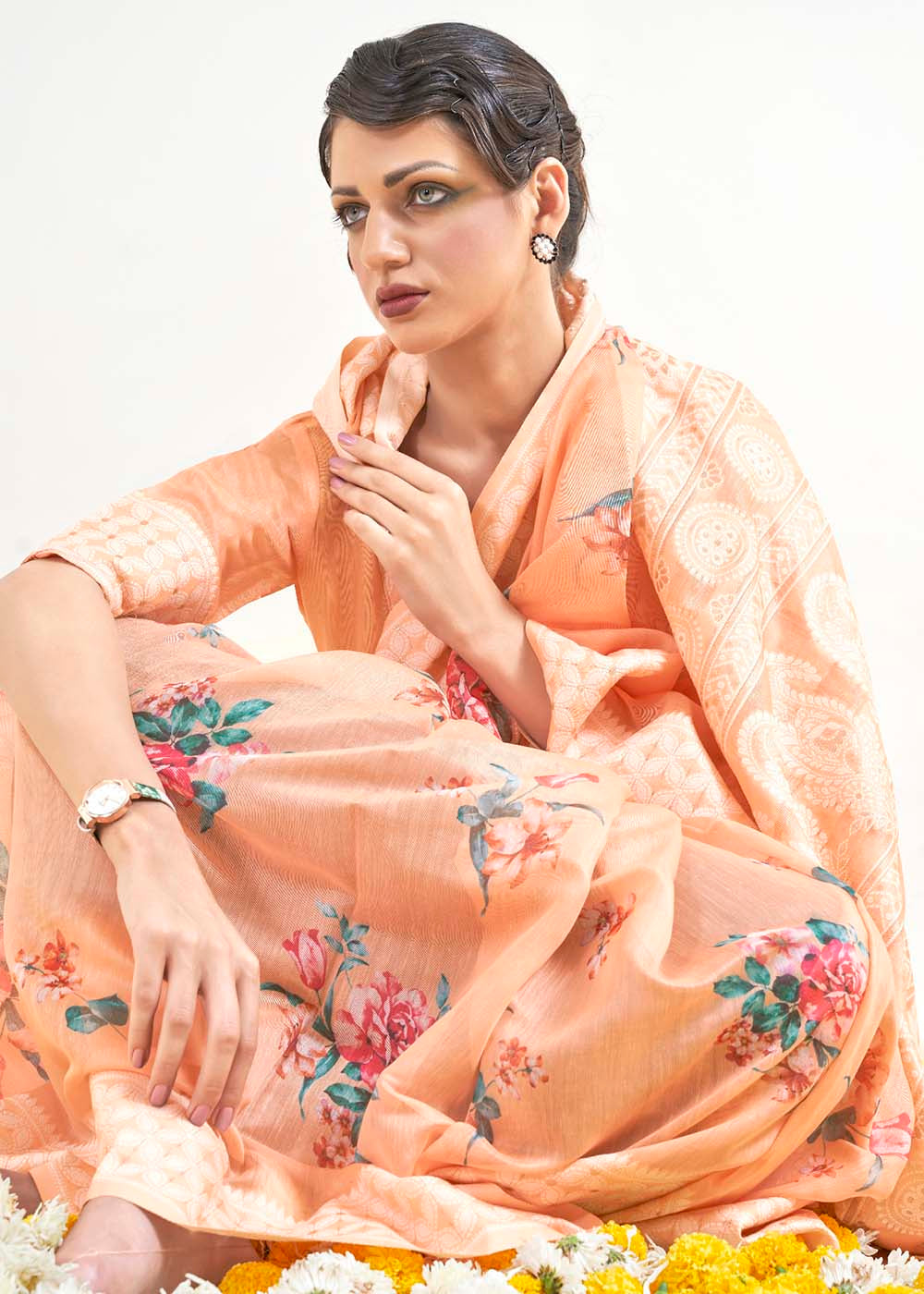 Light Coral Orange Chikankari Silk Saree with Floral Digital Print - Colorful Saree