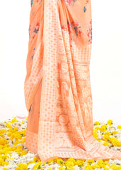 Light Coral Orange Chikankari Silk Saree with Floral Digital Print - Colorful Saree