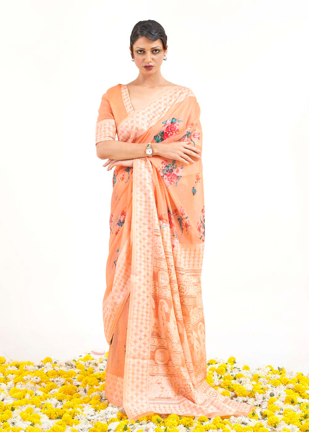 Light Coral Orange Chikankari Silk Saree with Floral Digital Print - Colorful Saree