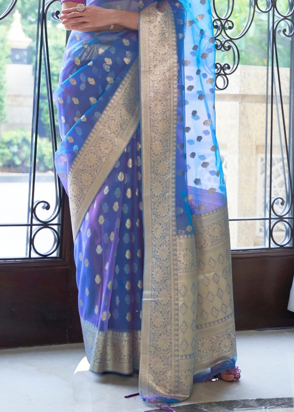 Egyptian Blue Zari Woven Organza Silk Saree - Colorful Saree