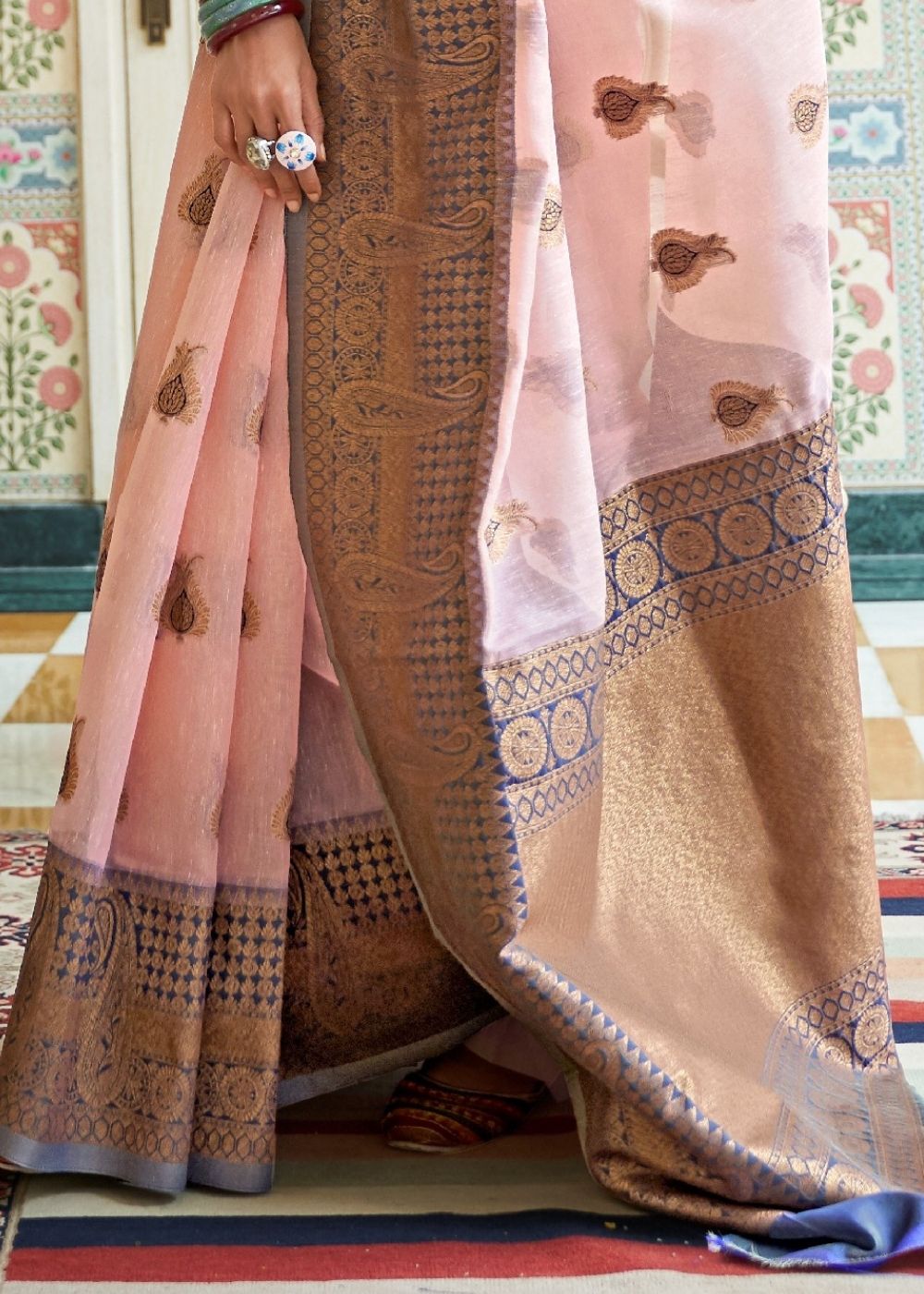 Blush Pink Woven Linen Silk Saree with Butti overall - Colorful Saree