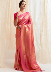 Deep Pink & Golden Blend Kanjivaram Silk Saree - Colorful Saree