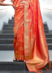 Coral Orange Woven Banarasi Silk Saree with overall Butti - Colorful Saree