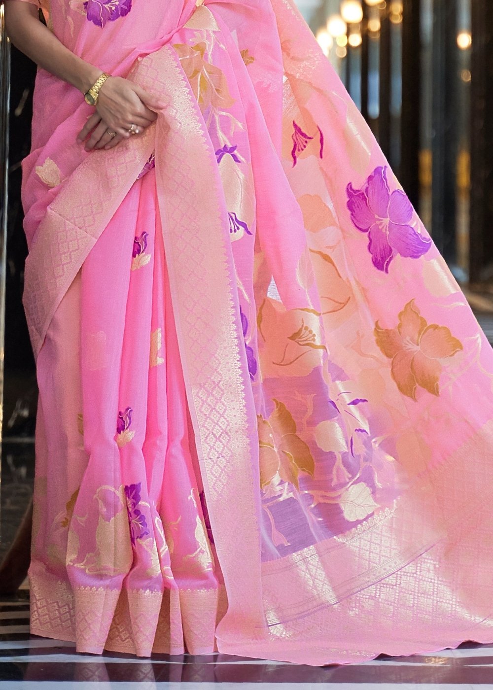 Vivid Pink Zari Woven Linen Silk Saree - Colorful Saree