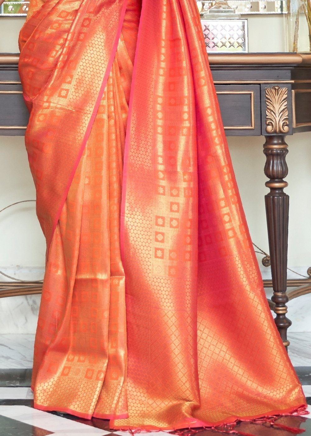 Persimmon Orange Zari Woven Kanjivaram Silk Saree with Tassels on Pallu - Colorful Saree