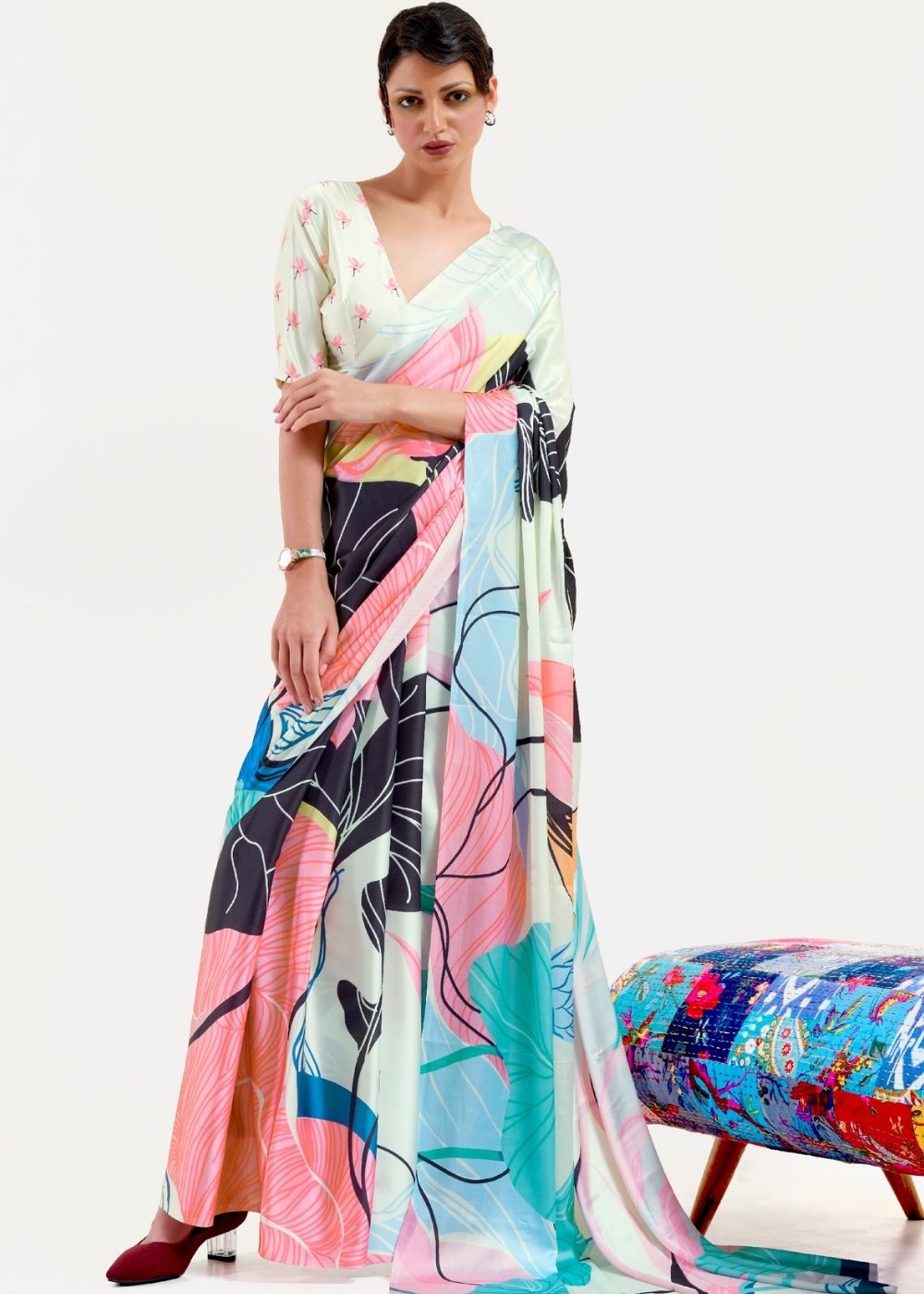 Multi Colored Digital Printed Satin Crepe Saree - Colorful Saree