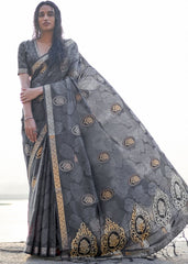 Fossil Grey Printed Satin Silk Saree - Colorful Saree