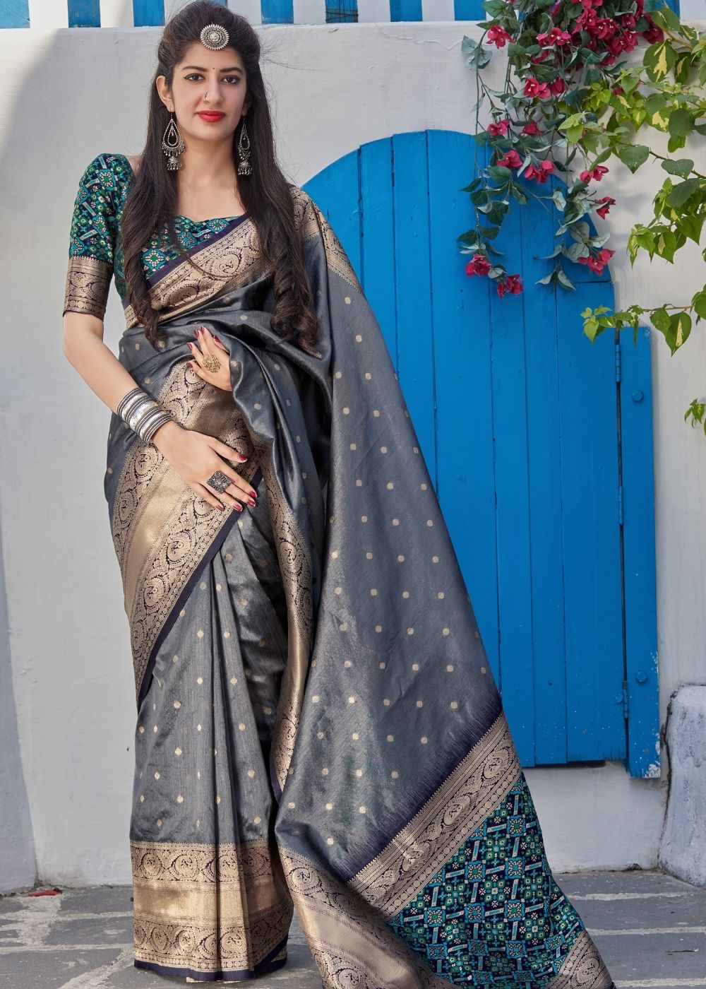 Steel Grey Woven Banarasi Silk Saree with Patola Pallu and Blouse - Colorful Saree