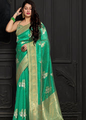 Jungle Green Banarasi Silk Floral Woven Saree with Golden Border and Pallu - Colorful Saree