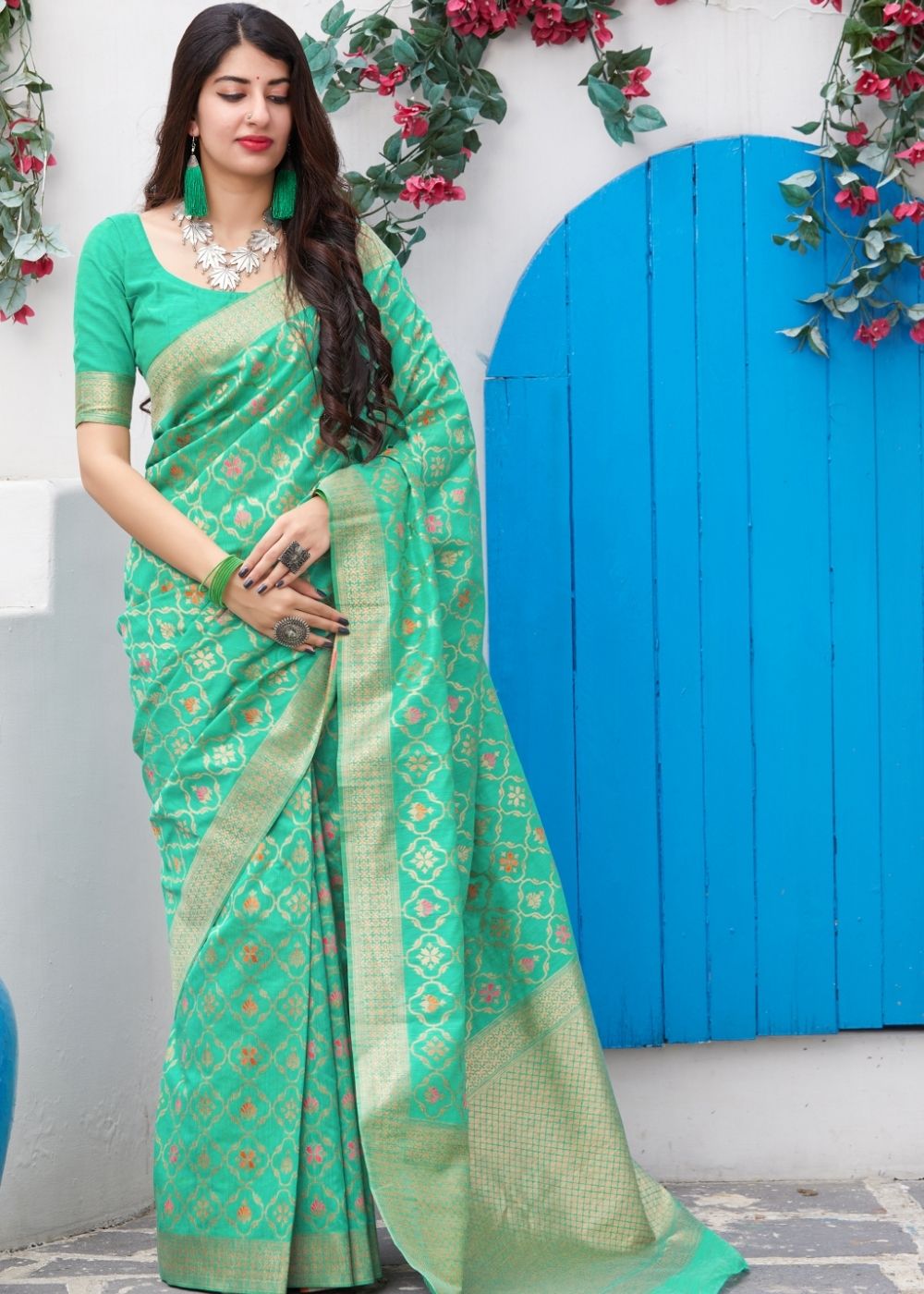 Sea Green Banarasi Cotton Silk Saree - Colorful Saree