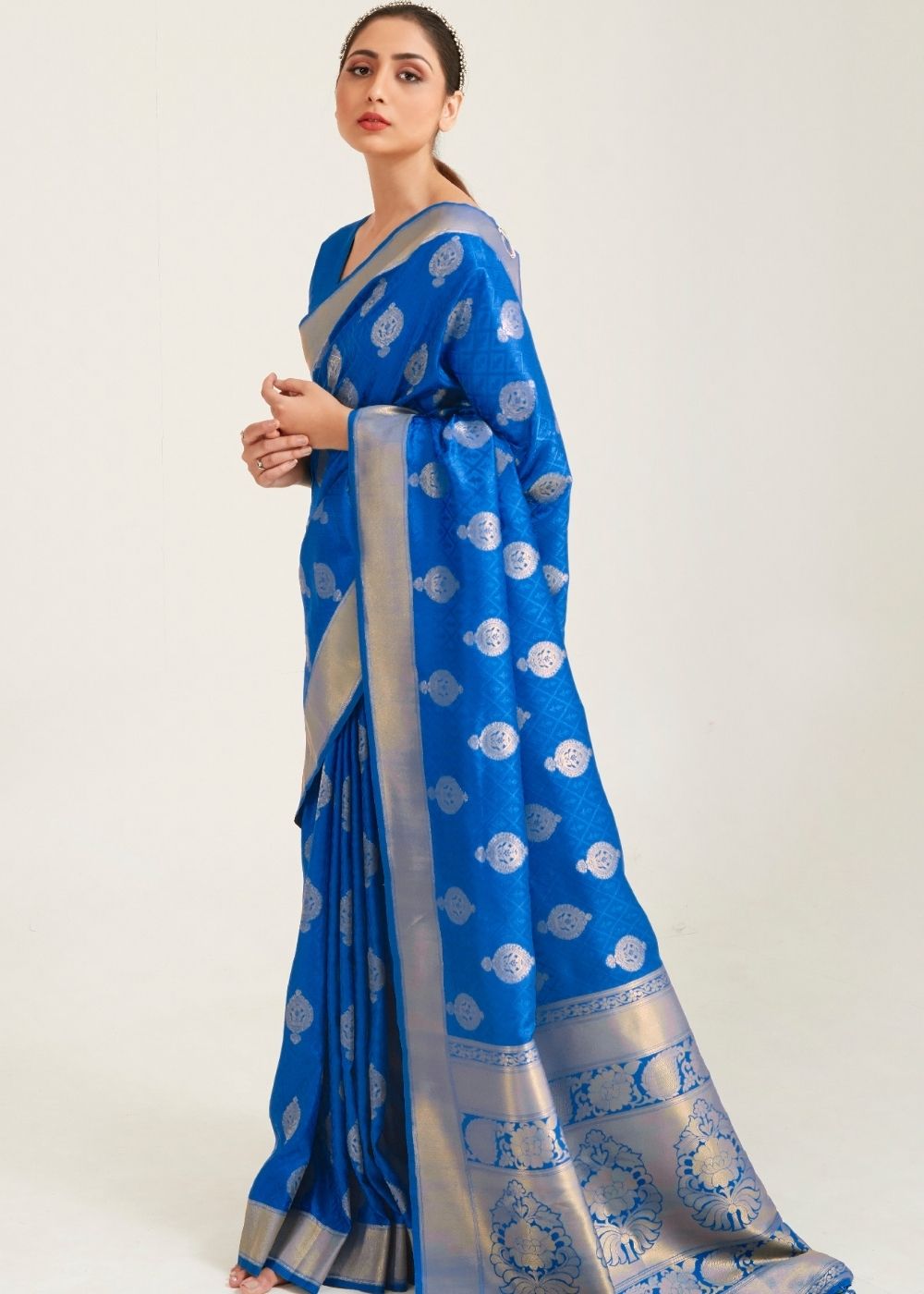 Egyptian Blue Zari Butta Woven Banasari Silk Saree - Colorful Saree