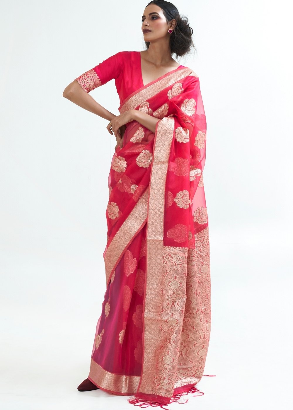 Ribbon Red Designer Woven Organza Silk Saree - Colorful Saree