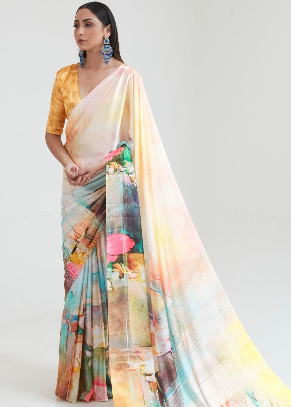 Flax Yellow Satin Silk Digital Printed Saree - Colorful Saree