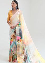 Flax Yellow Satin Silk Digital Printed Saree - Colorful Saree