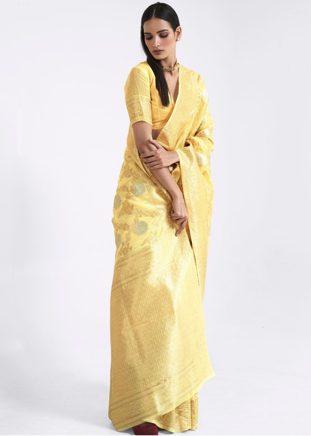 Pineapple Yellow Zari Woven Linen Silk Saree - Colorful Saree