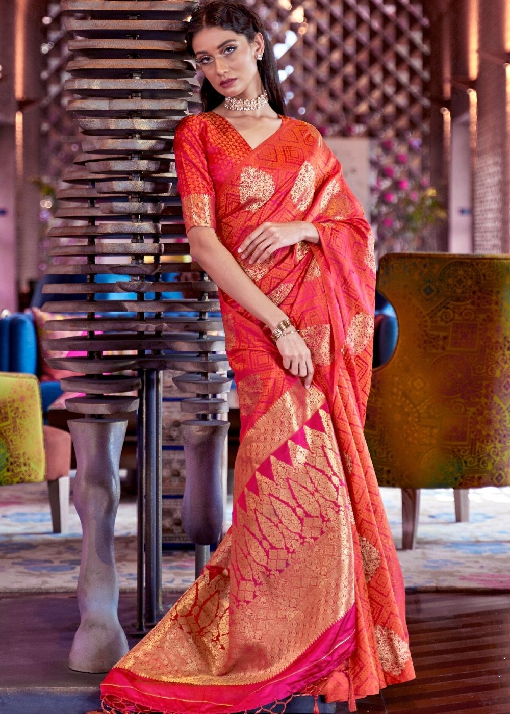 Brink Pink Satin Silk Saree with overall Golden Butti - Colorful Saree