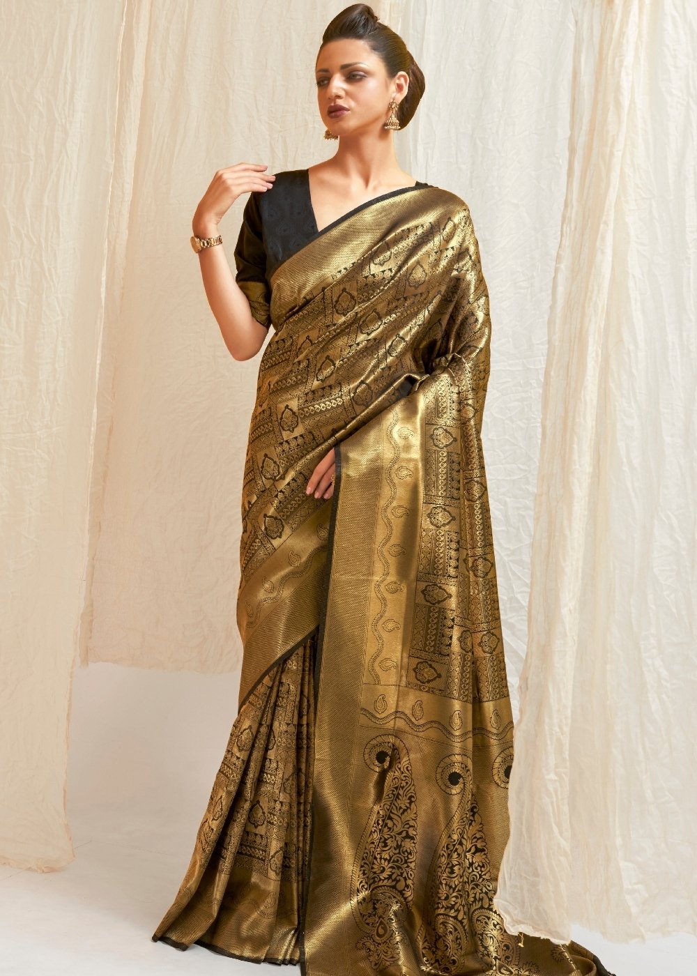 Soot Black & Golden Blend Kanjivaram Silk Saree - Colorful Saree