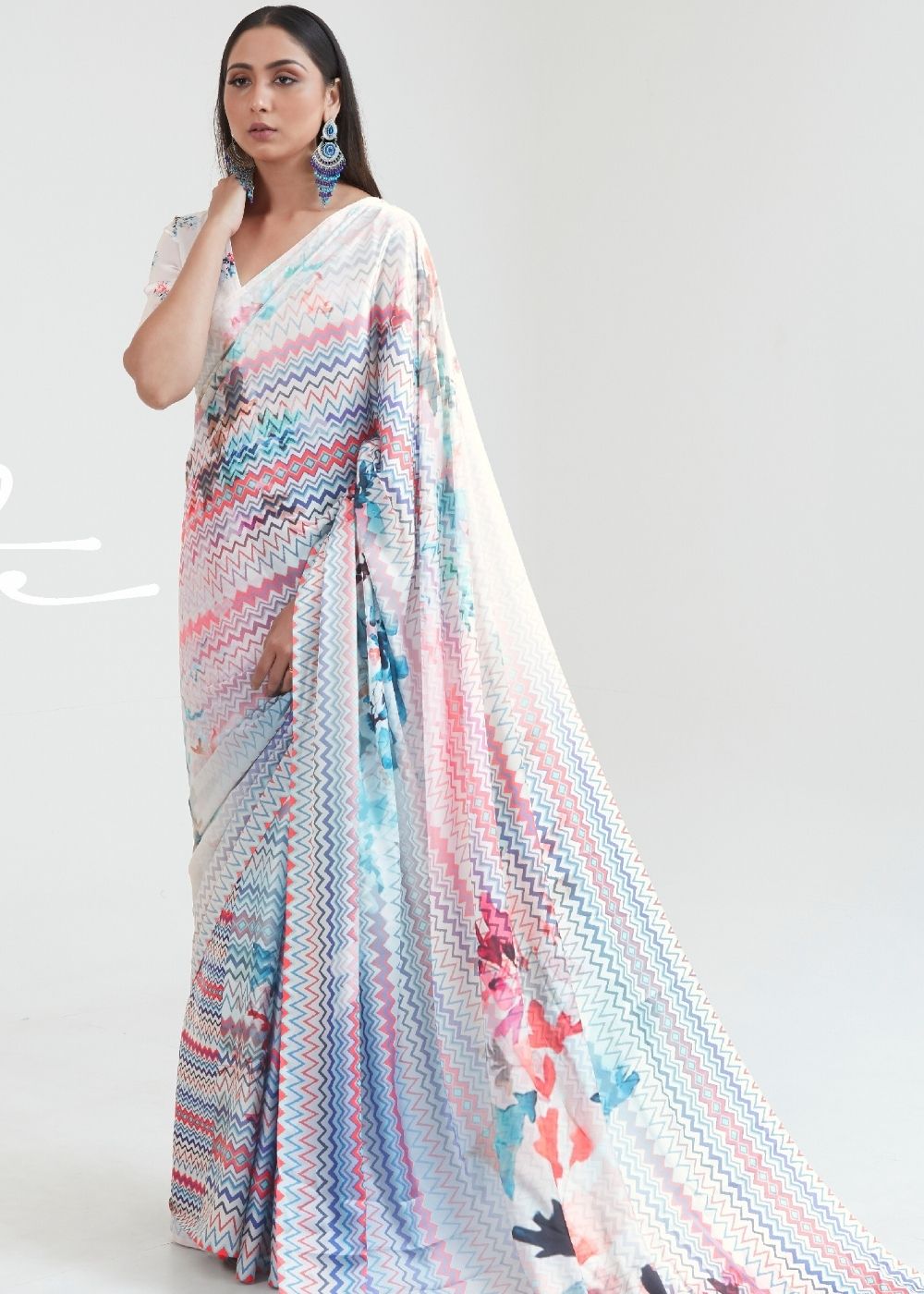 Daisy White & Blue Satin Silk Digital Printed Saree - Colorful Saree