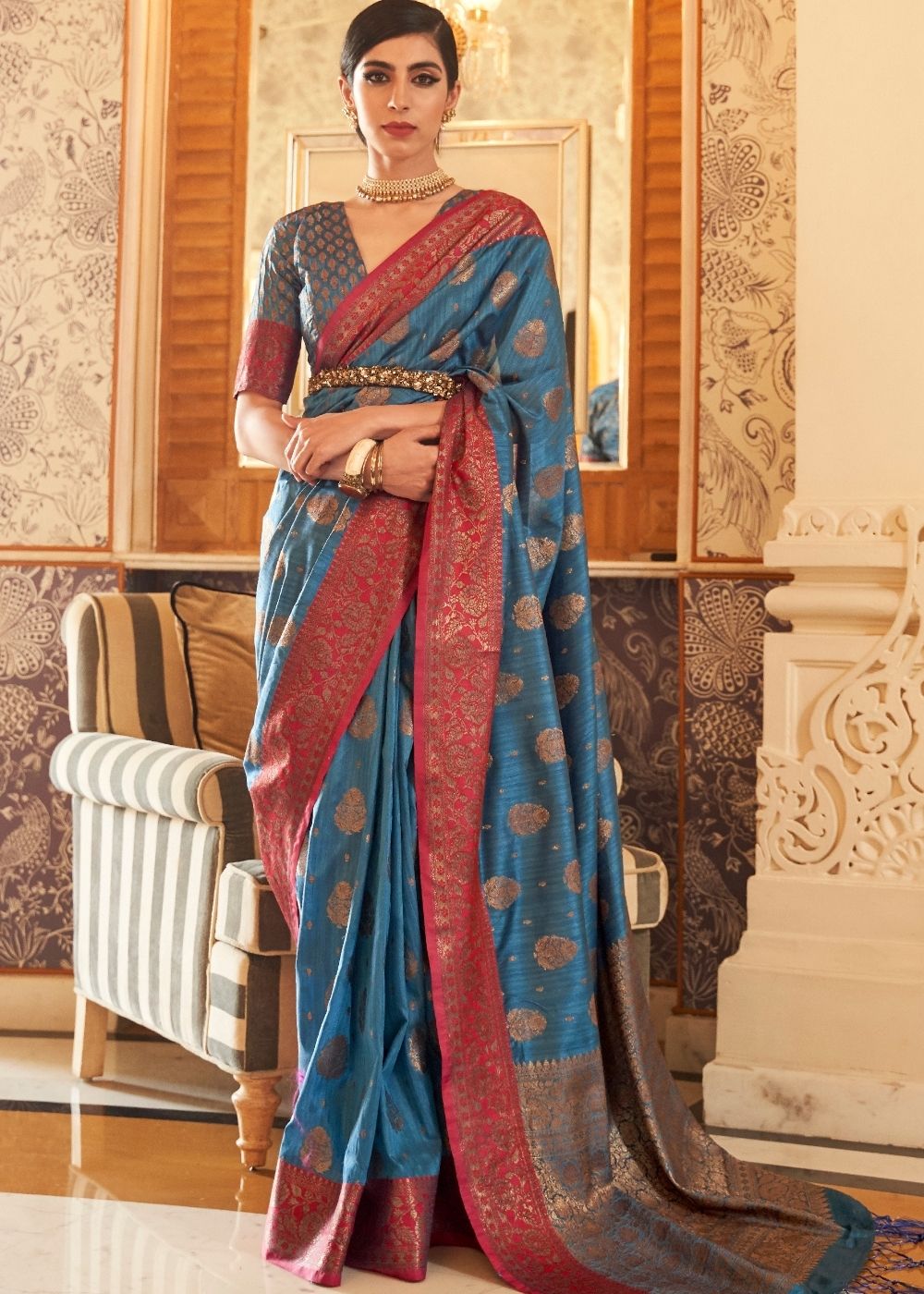 Yale Blue Woven Banarasi Tussar Silk Saree : Top Pick - Colorful Saree