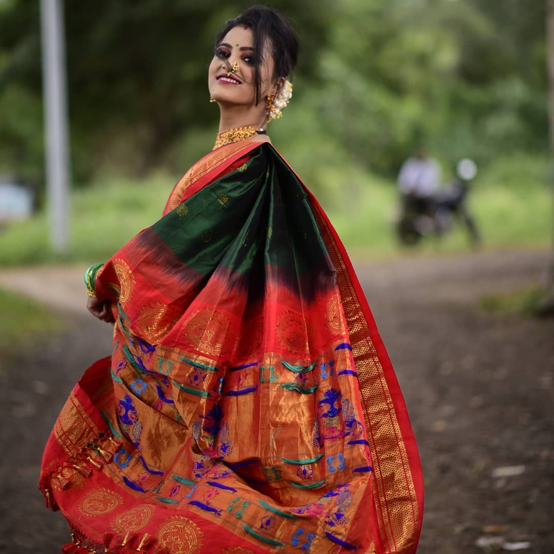 Prettiest Green Paithani Silk Saree With Ethnic Blouse Piece - Colorful Saree