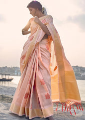 Salmon Pink Linen Silk Saree with Zari Woven Butti overall - Colorful Saree