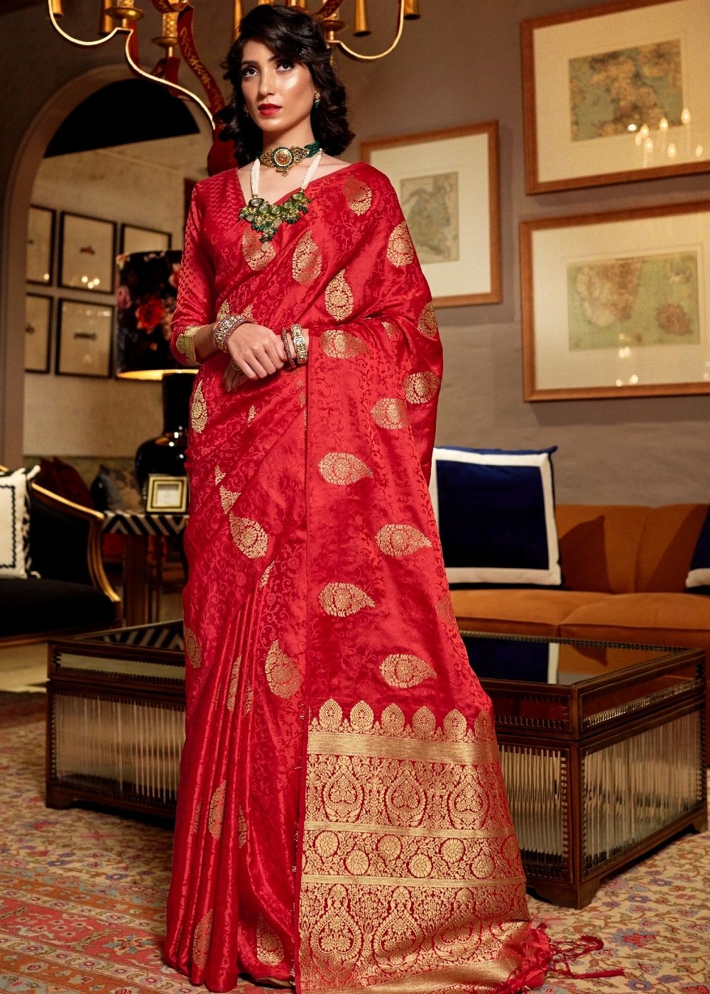 Cherry Red Pure Satin Woven Silk Saree with overall Golden Buti - Colorful Saree