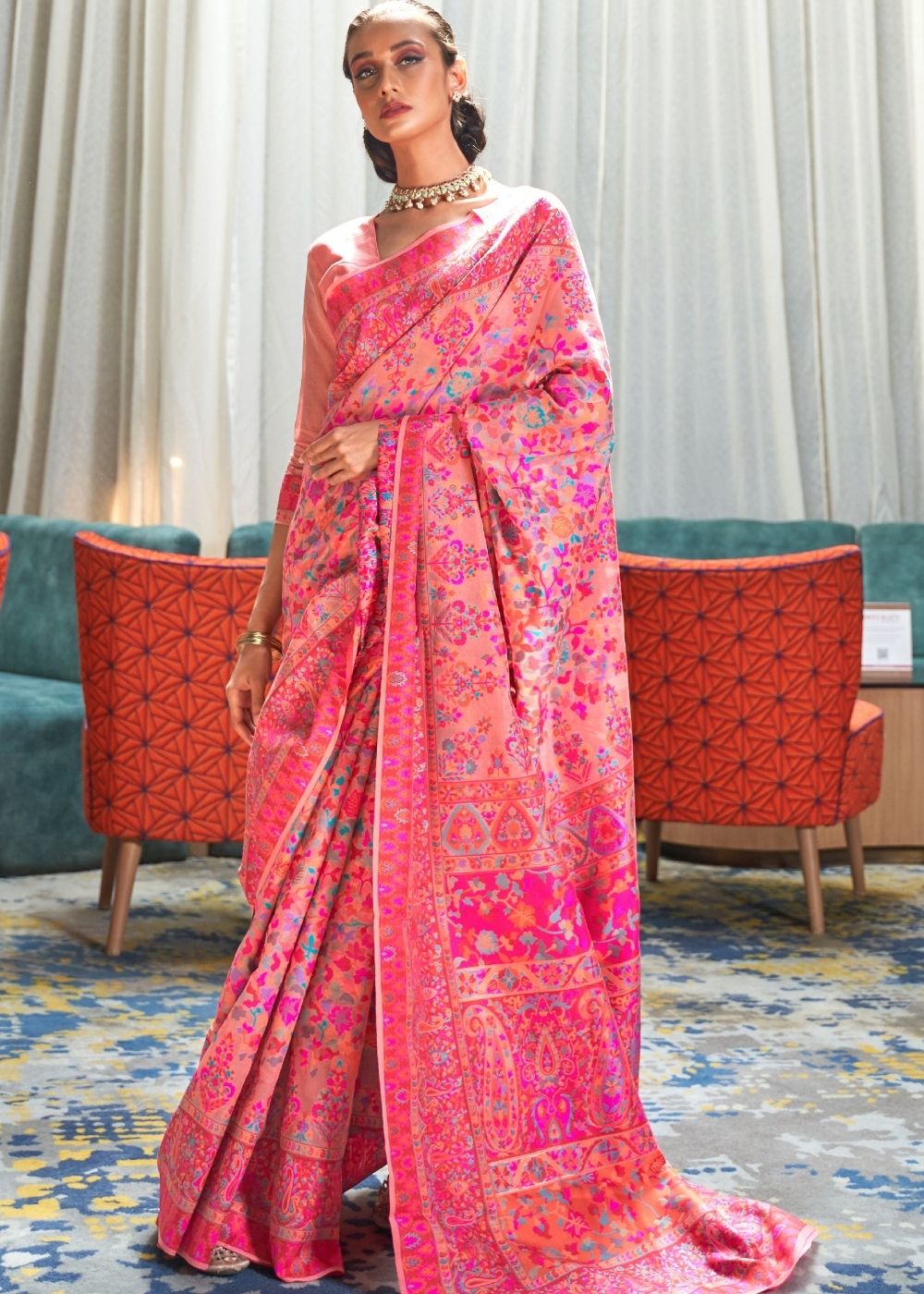 Rouge Pink Banarasi Jamawar Woven Silk Saree : Top Pick - Colorful Saree