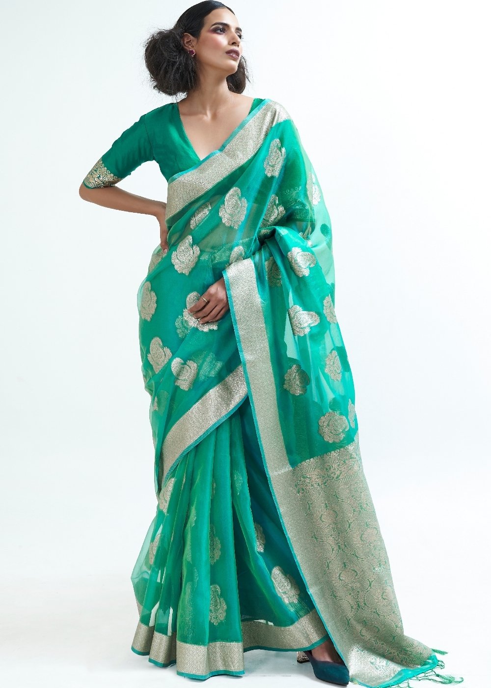 Jade Green Designer Woven Organza Silk Saree - Colorful Saree