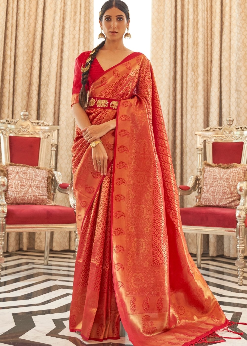 Vermilion Red Zari Woven Kanjivaram Silk Saree with Tassels on Pallu - Colorful Saree