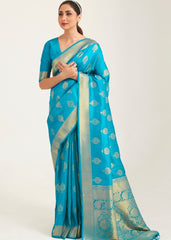 Olympic Blue Zari Butta Woven Banasari Silk Saree - Colorful Saree