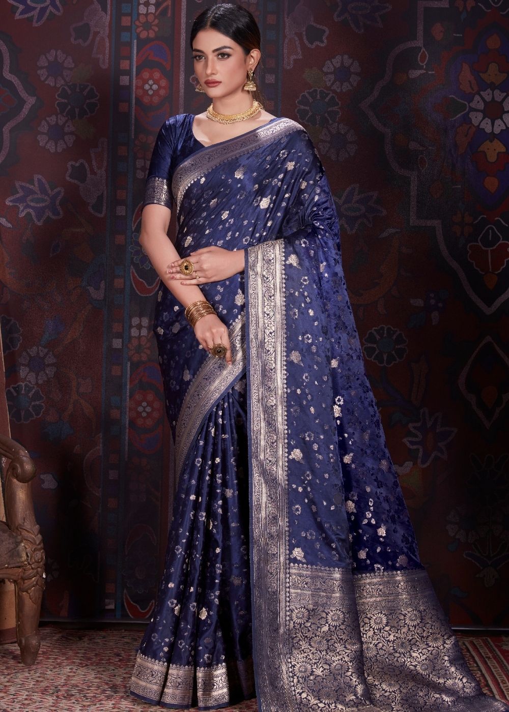 Oxford Blue Zari Woven Satin Silk Saree - Colorful Saree