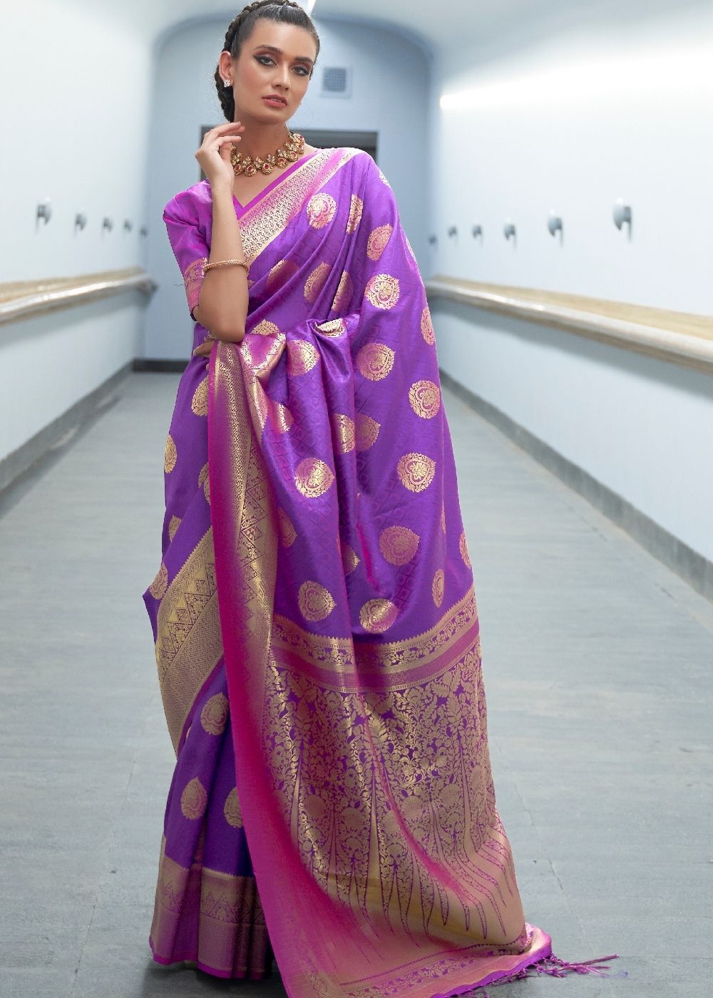 Royal Purple Woven Banarasi Silk Saree with overall Butti - Colorful Saree