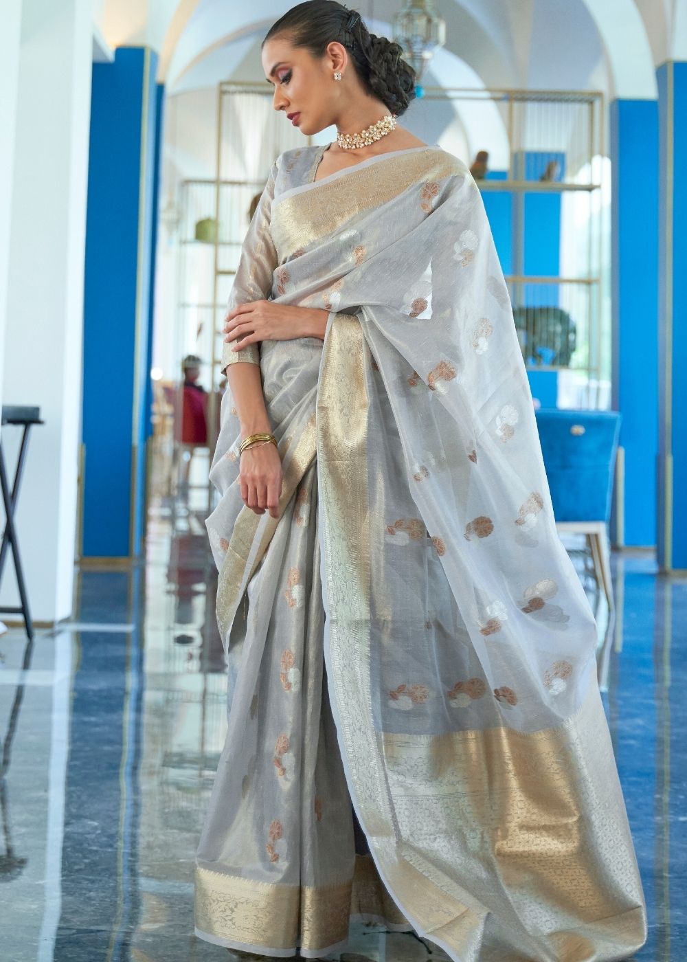 Cloudy Grey Zari Woven Organza Silk Saree - Colorful Saree