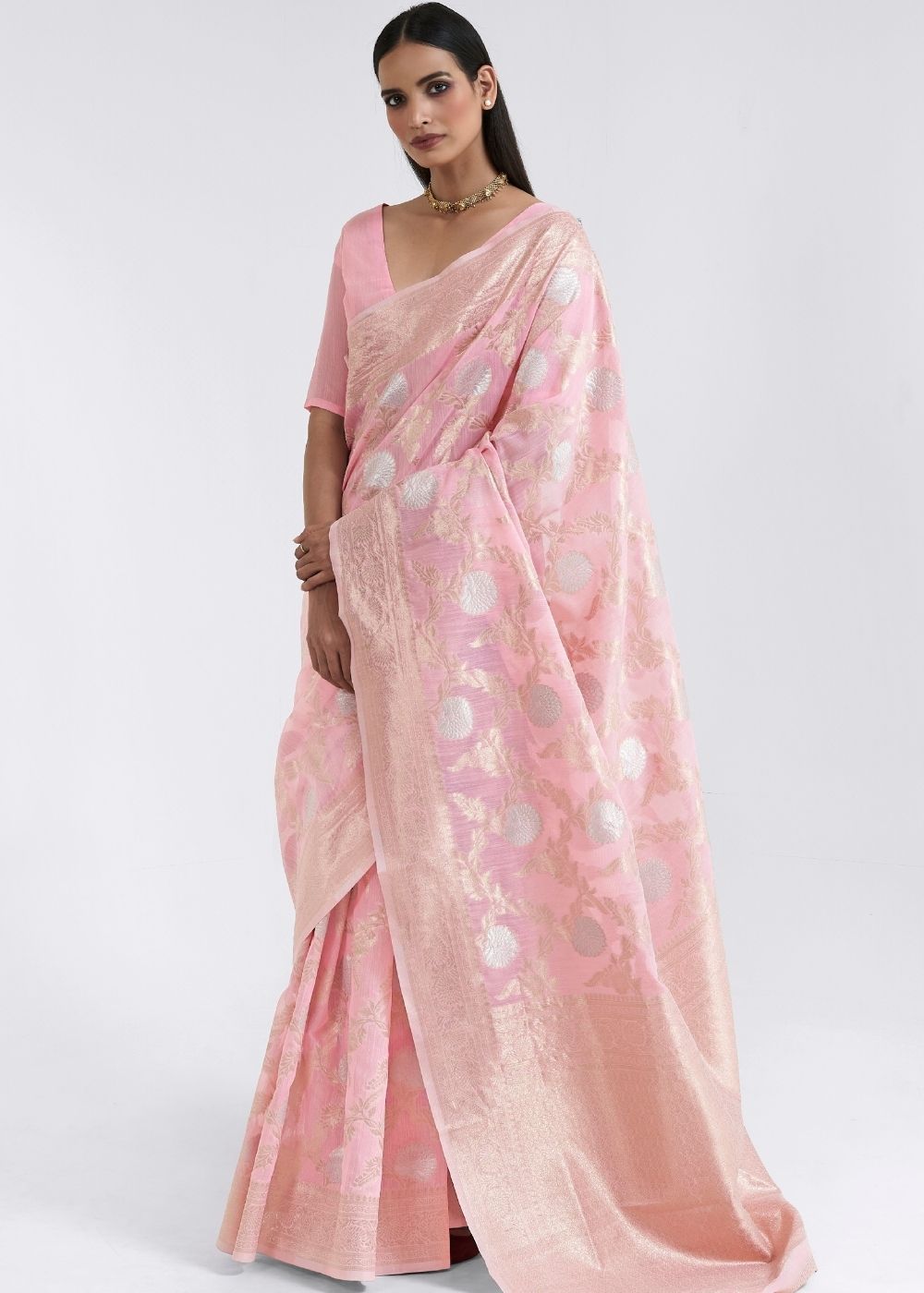 Rose Pink Zari Woven Linen Silk Saree - Colorful Saree