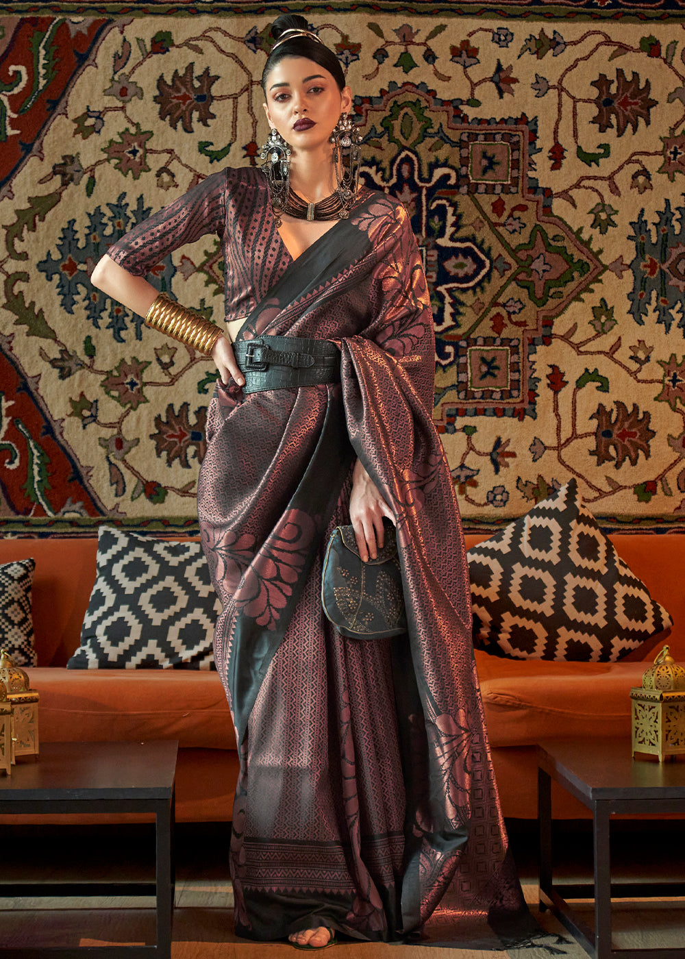 Charcoal Black Copper Zari Handloom Weaving Silk Saree - Colorful Saree