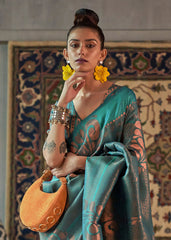 Tiffany Blue Copper Zari Handloom Weaving Silk Saree - Colorful Saree