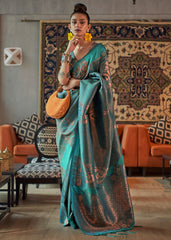 Tiffany Blue Copper Zari Handloom Weaving Silk Saree - Colorful Saree