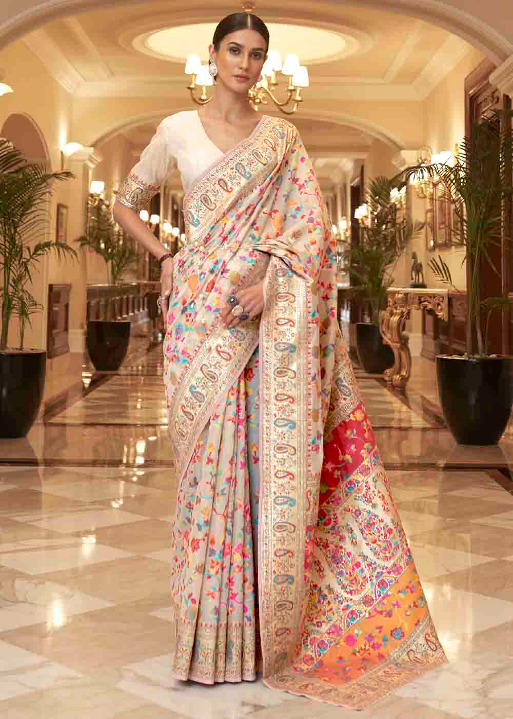 Parchment White Banarasi Jamawar Woven Silk Saree - Colorful Saree