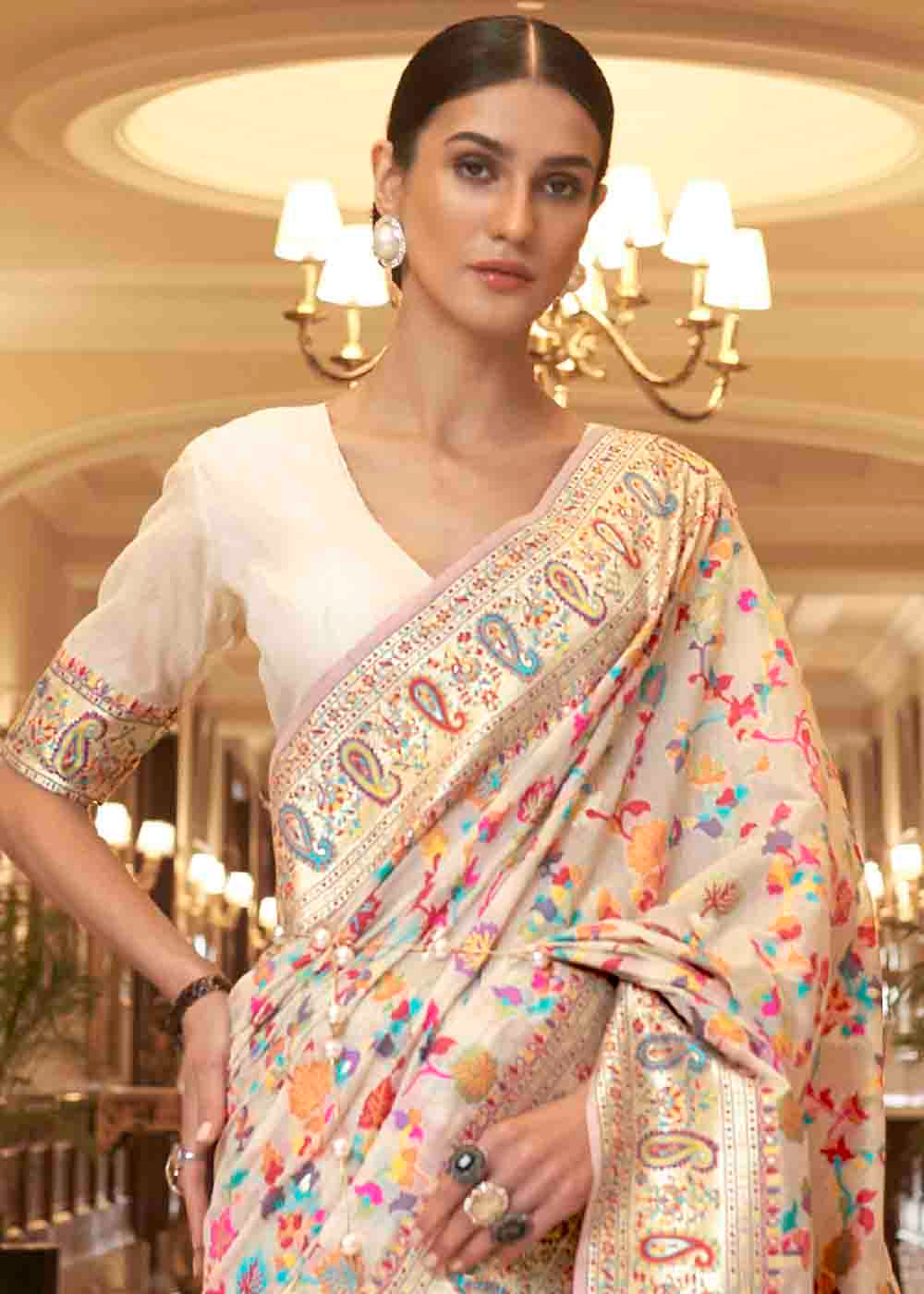 Parchment White Banarasi Jamawar Woven Silk Saree - Colorful Saree