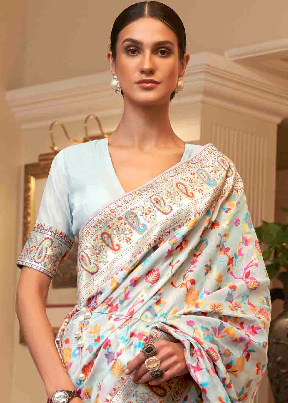 Pastel Blue Banarasi Jamawar Woven Silk Saree - Colorful Saree