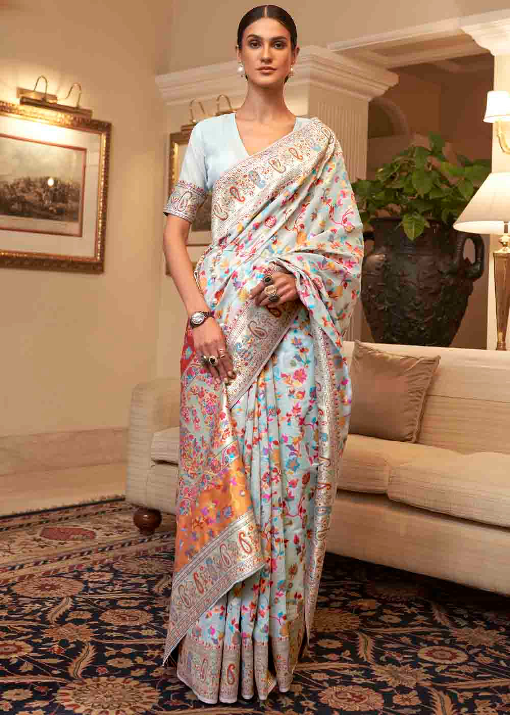 Pastel Blue Banarasi Jamawar Woven Silk Saree - Colorful Saree