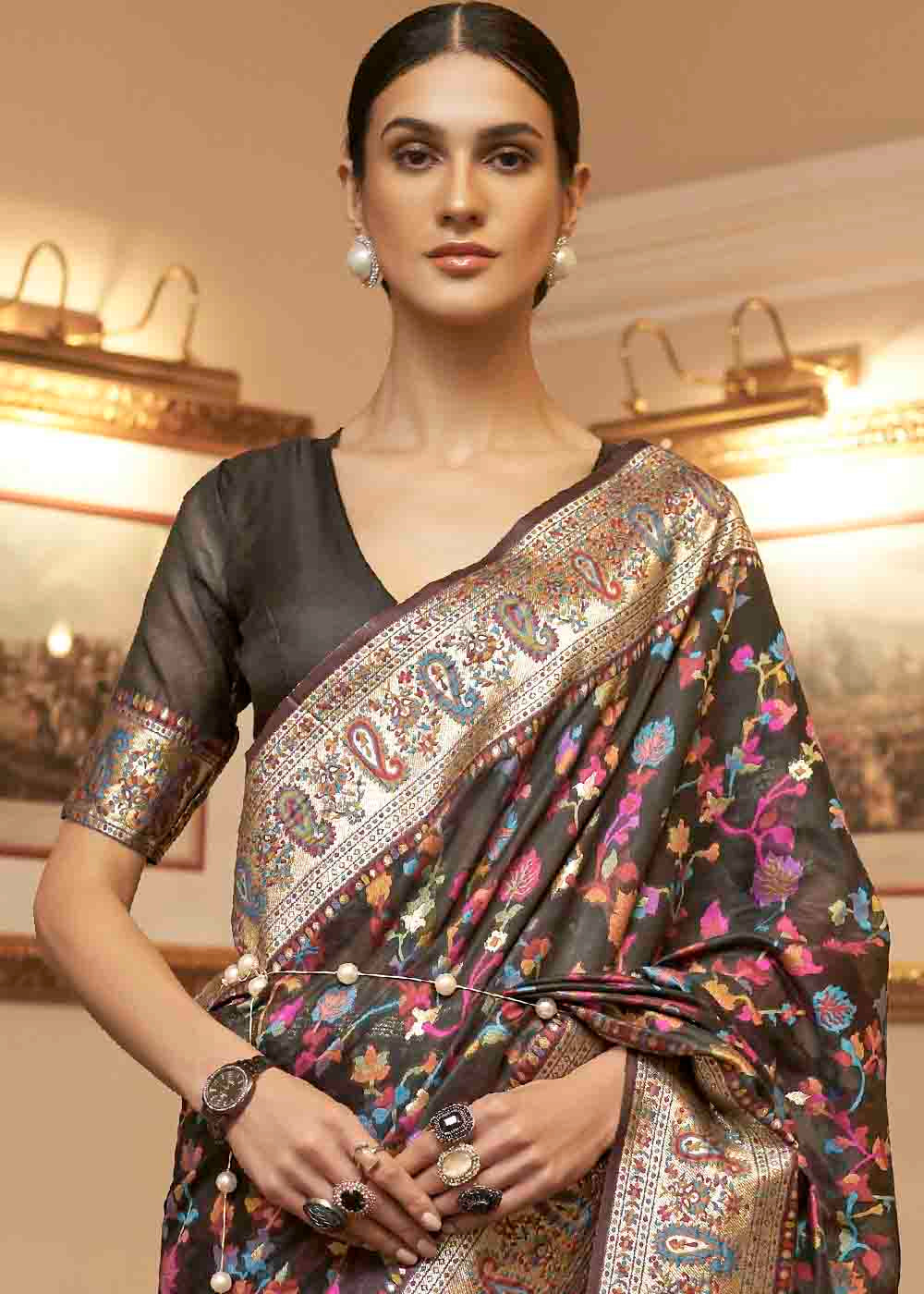 Charcoal Black Banarasi Jamawar Woven Silk Saree - Colorful Saree