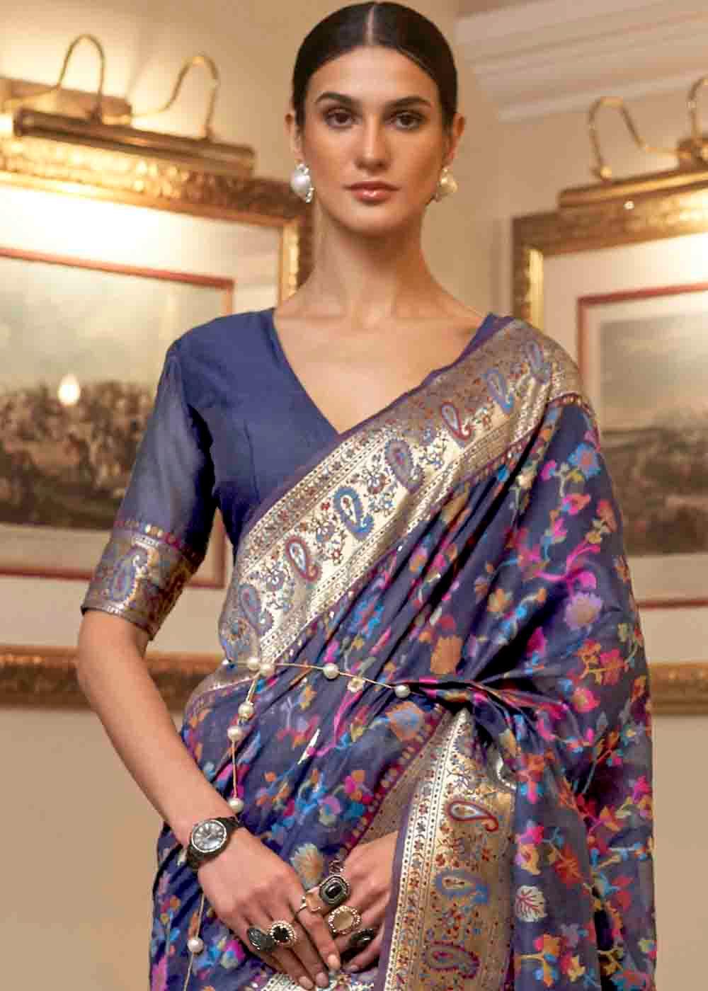 Admiral Blue Banarasi Jamawar Woven Silk Saree - Colorful Saree