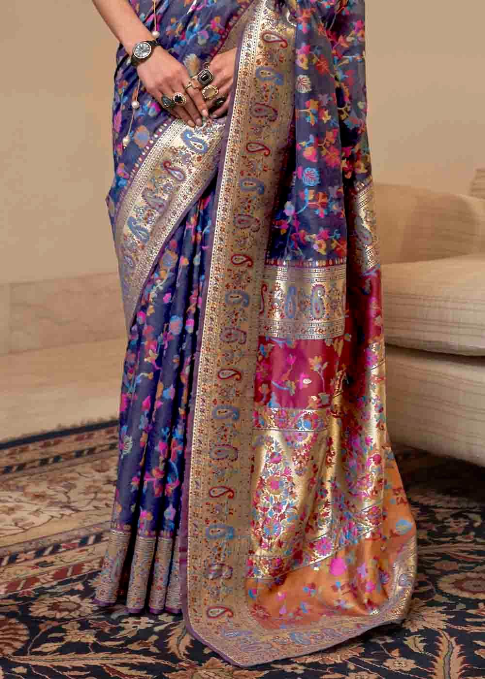 Admiral Blue Banarasi Jamawar Woven Silk Saree - Colorful Saree