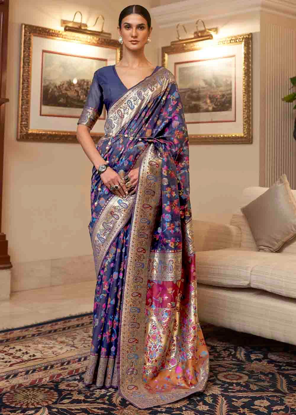 Admiral Blue Banarasi Jamawar Woven Silk Saree - Colorful Saree