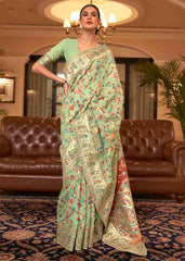 Pastel Green Banarasi Jamawar Woven Silk Saree - Colorful Saree