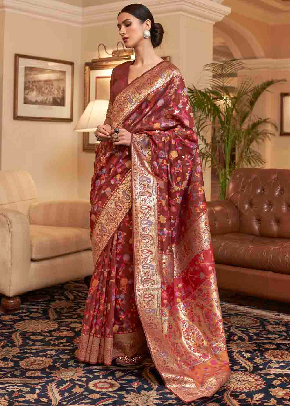 Sienna Brown Banarasi Jamawar Woven Silk Saree - Colorful Saree