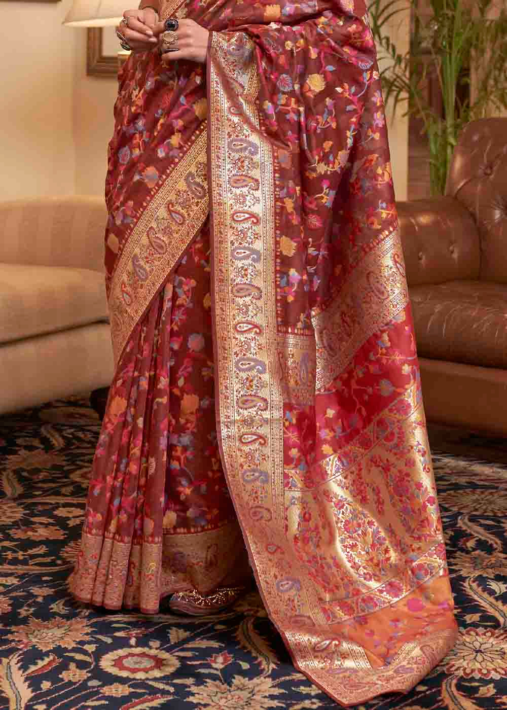 Sienna Brown Banarasi Jamawar Woven Silk Saree - Colorful Saree