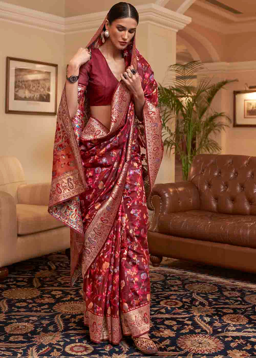 Sienna Brown Banarasi Jamawar Woven Silk Saree - Colorful Saree